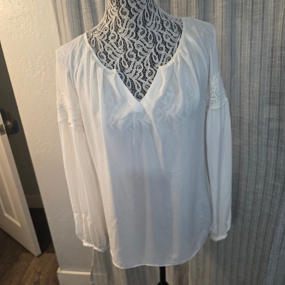 Worthington Peasant Blouse Womens S White Lace Sleeve Boho Cottagecore Romantic